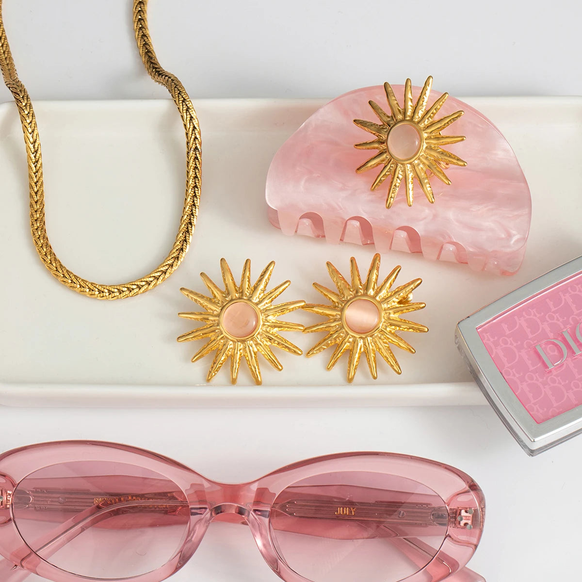 Pendientes y anillo para mujer con piedra de ojo de gato y patrón de sol, de acero inoxidable chapado en oro de 18k, antialérgicos, a prueba de óxido, joyería elegante