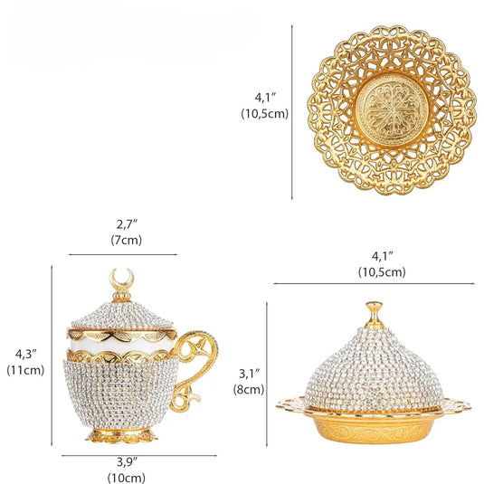 Exquisite 27-Pack Turkish Greek Arabic Tea Tools Set Crystal Espresso Cups and Saucers with Gold and Silver Coffeeware Luxurious Zamak Craftsmanship for Home Kitchen Dining and Bar