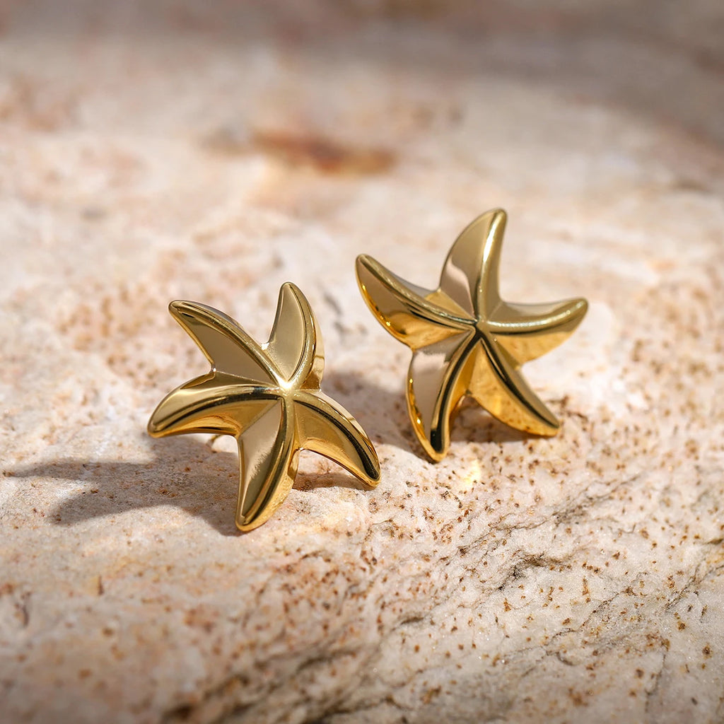 18K Gold Plated Summer Sea Ocean Series Vintage Starfish Pendant Earrings Stainless Steel Statement Waterproof Jewelry Women