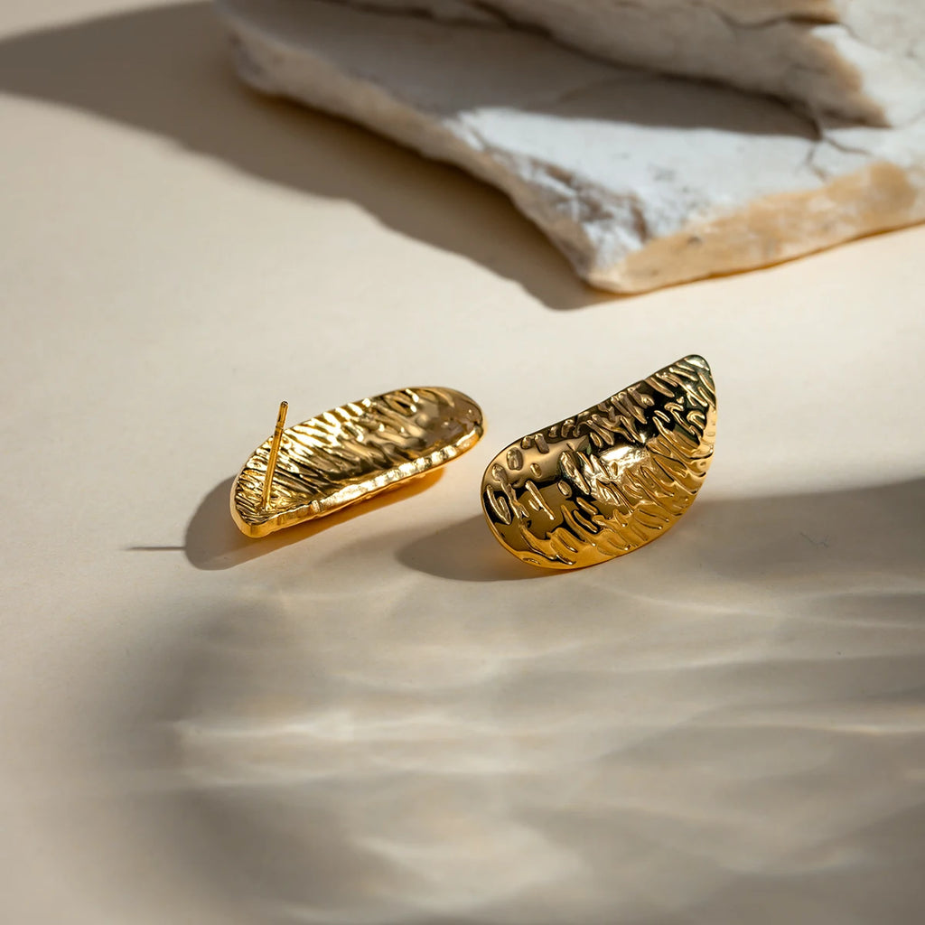 Vintage 18K Gold Plated Water Drop Shaped Irregular Texture Earrings Stainless Steel Statement Stylish Waterproof Jewelry Women