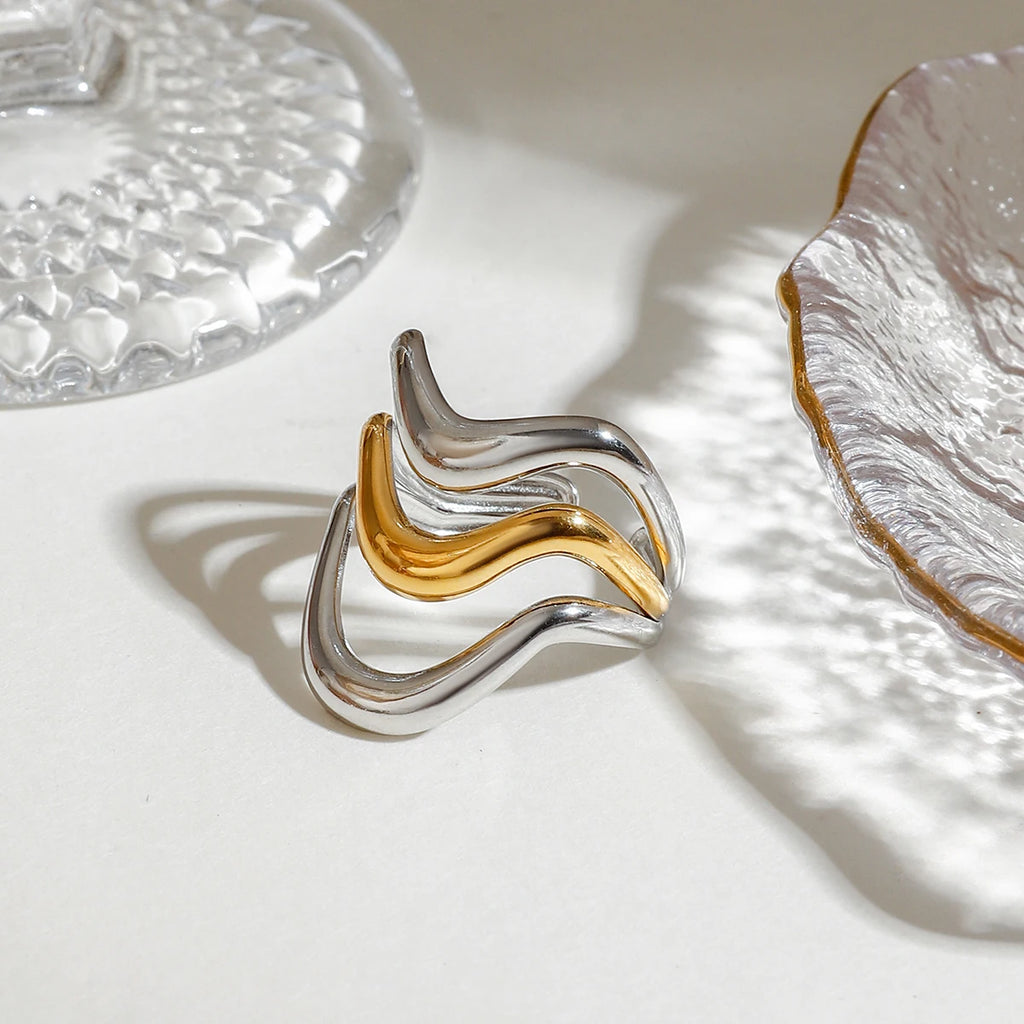 Gold Silber Farbe Passend Wellenförmiger Unregelmäßiger Flüssiger Offener Ring 18K PVD Beschichtet Damen Anti-Allergisch Metall Charm Täglicher Schmuck