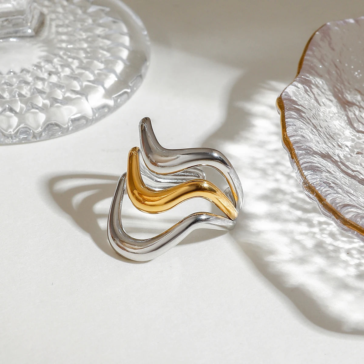 Gold Silber Farbe Passend Wellenförmiger Unregelmäßiger Flüssiger Offener Ring 18K PVD Beschichtet Damen Anti-Allergisch Metall Charm Täglicher Schmuck