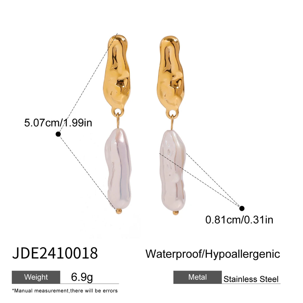 Pendientes de lujo ligeros para mujer con perla irregular delgada minimalista de acero inoxidable chapado en oro de 18k, joyería elegante a prueba de óxido