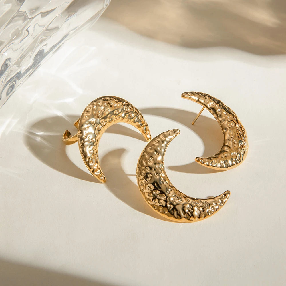 18K PVD Plated Trendy Stainless Steel Hammer Grain Half-Moon Earrings Opening Ring Set Waterproof for Women Gala Gift - Grand Goldman