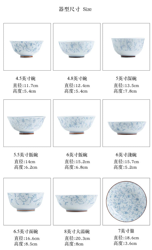 Jingdezhen keramisk service, fadesæt, japansk husholdningsrisskål, underglasurfarvet service