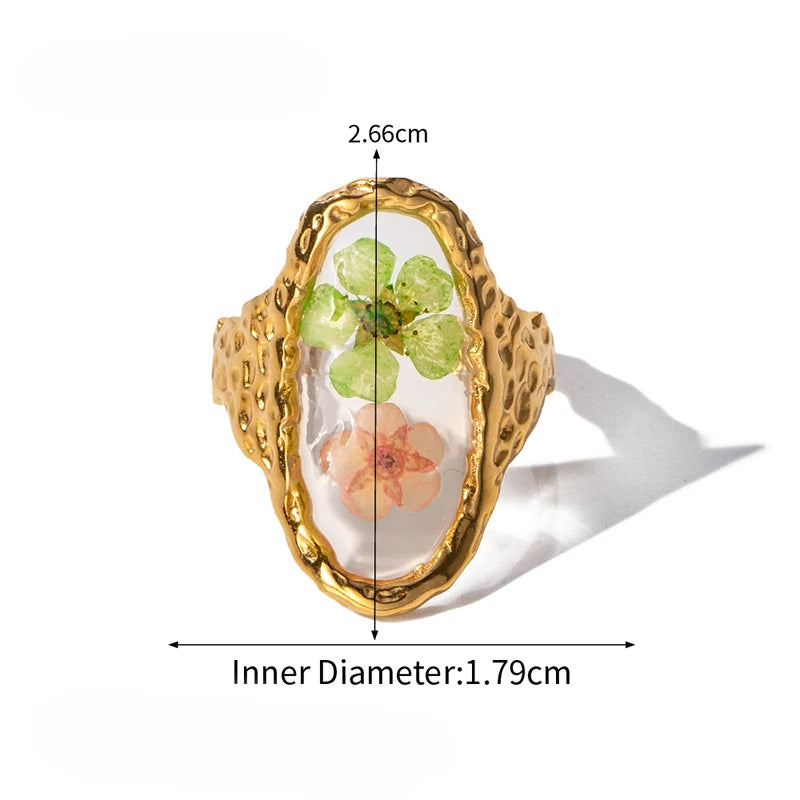 Light Cozy 18k Gold Plated Minimalist Polygonal Dry Flower Opening Ring Women Personalized Stainless Steel Statement Jewelry