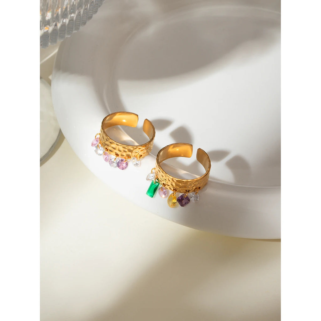 Anel Aberto Feminino de Aço Inoxidável com Pedra Natural Colorida, Padrão de Grão Martelado, Banhado a Ouro 18K Anti-alérgico, Charme para Uso Diário
