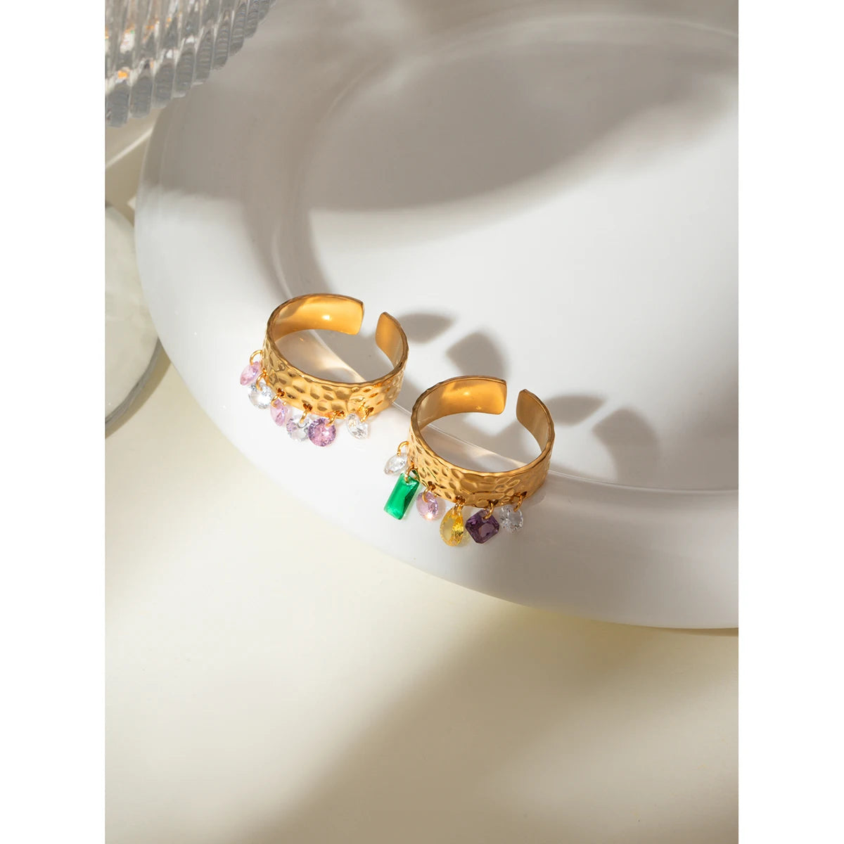 Антиаллергическое кольцо с открытым дизайном из нержавеющей стали с натуральным камнем, цветное, с узором зерен молотка, позолоченное 18К, женское, повседневное украшение с шармом