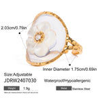 18K Gold Plated Stainless Steel Oval Shell Flower Steel Bead Open Ring Women Creative Anti Allergic Charm Daily Jewelry