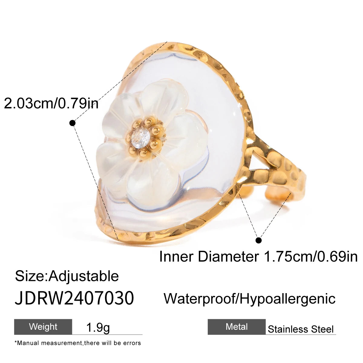 18K Gold Plated Stainless Steel Oval Shell Flower Steel Bead Open Ring Women Creative Anti Allergic Charm Daily Jewelry