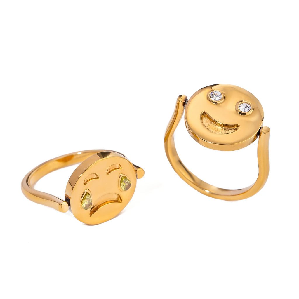Anillo minimalista reversible redondo con cara sonriente, ligero, acogedor, de acero inoxidable 18k, tamaño 7 para mujer, joyería atractiva e impermeable