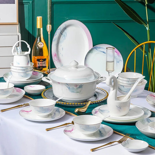 Ensemble de bols et plats en céramique de Jingdezhen, ensemble de vaisselle pour la maison avec bol et baguettes en porcelaine osseuse