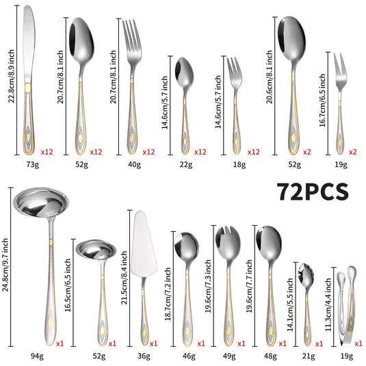 Servicesæt med 72 dele, forgyldt rustfri stålkniv, gaffel, ske, gaveæske, trææske