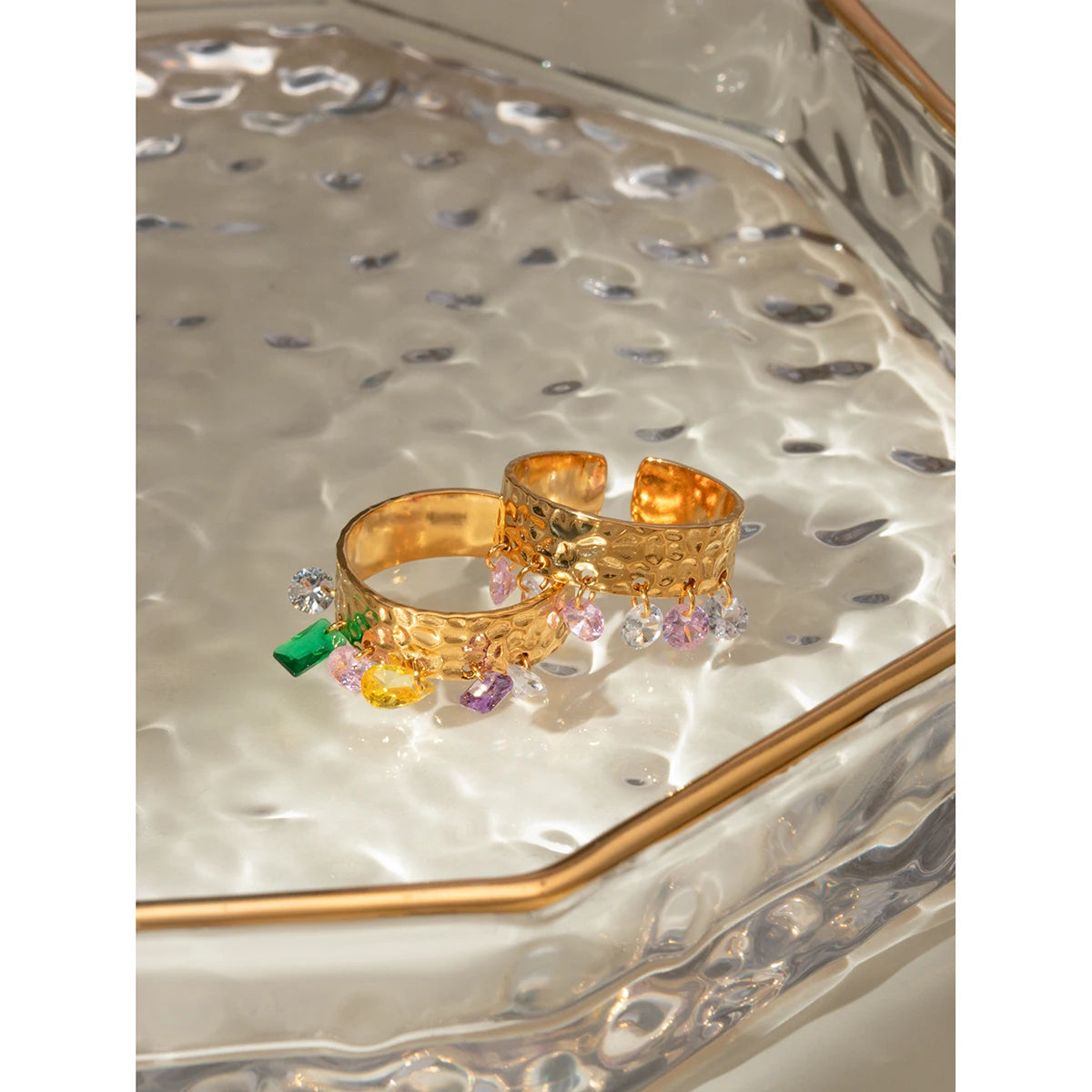 Anel Aberto Feminino de Aço Inoxidável com Pedra Natural Colorida, Padrão de Grão Martelado, Banhado a Ouro 18K Anti-alérgico, Charme para Uso Diário