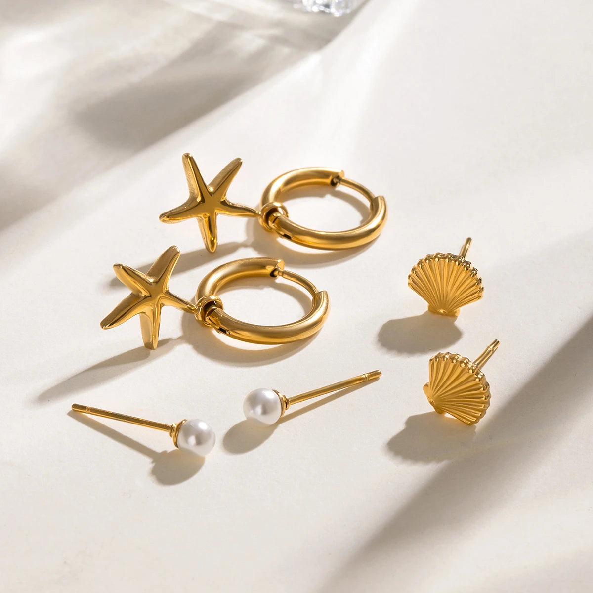 3 par pr. kort rustfrit stål shell perle ribbet shell glat søstjerne vedhæng øreringe kvinder 18K rustfrit stål smykker