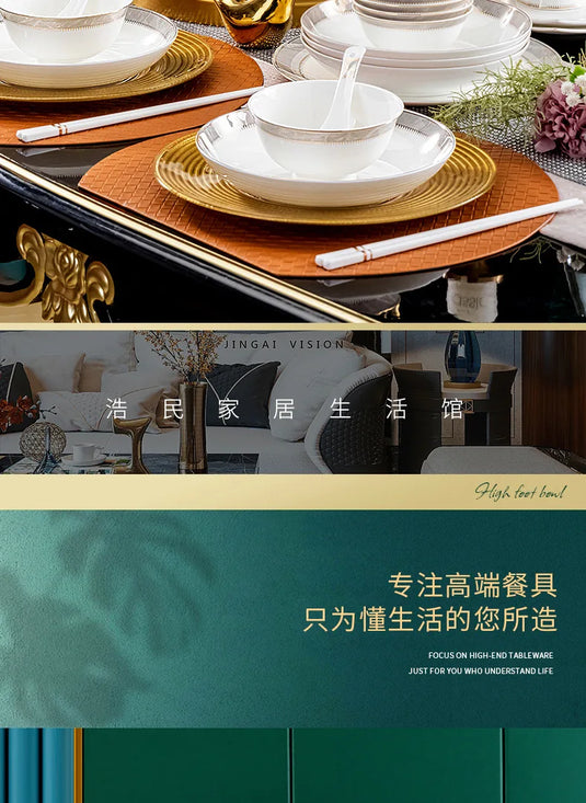 Jingdezhen Ceramic Tableware Light Luxury Bowl Plate Spoon Combination Full Set of Bone Porcelain Bowls and Dishes Household Set