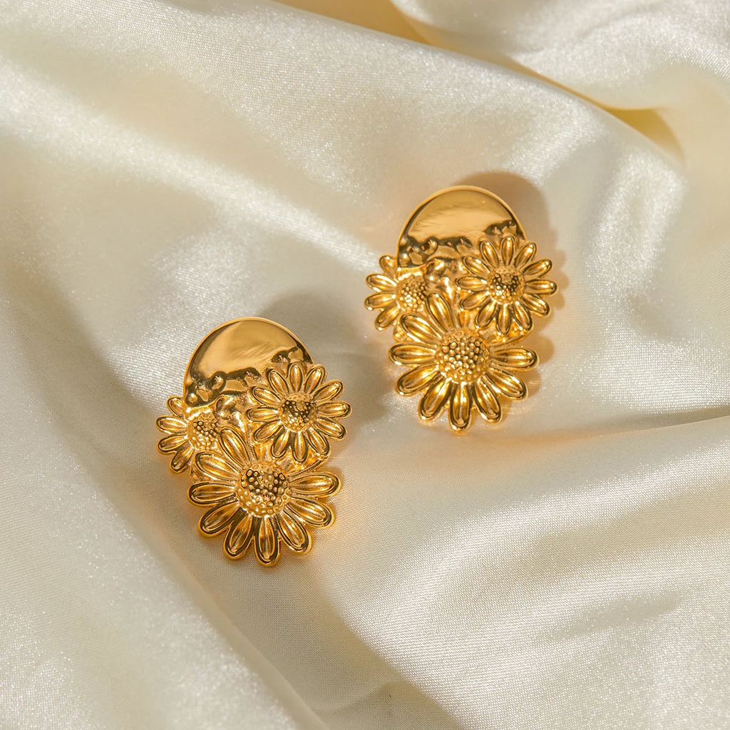 Stylish Unique Metal Textured Small Daisy Flower Design Earrings Stainless Steel 18k Gold Plated Women Holiday Jewelry - Grand Goldman