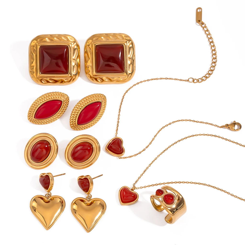 18k forgyldt rustfrit stål indlagt natursten rød agat øreringe Halskæde Armbånd serie Bijoux Femme vandtætte smykker