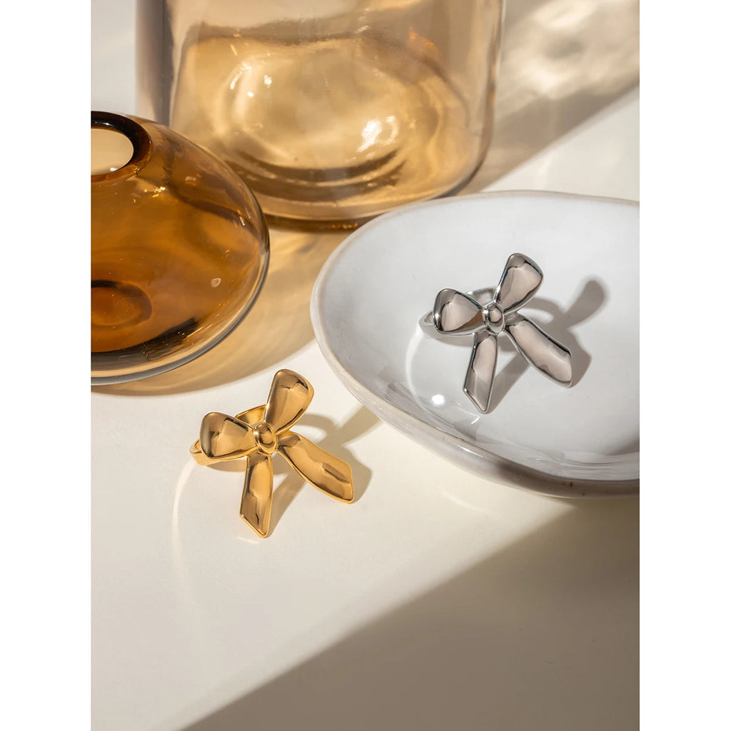 18K PVD Plated Trendy Stainless Steel Delicate Smooth Bowknot Opening RingCharm Jewelry Waterproof for Women Gala Gift