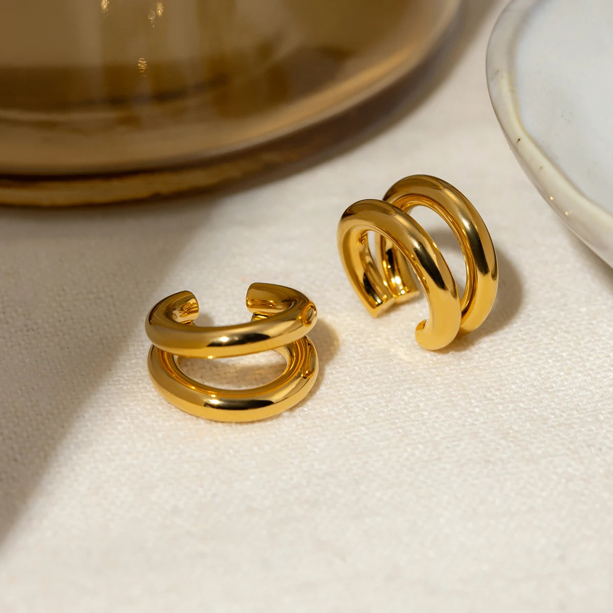 Udsøgt 18K rustfrit stål geometriske minimalistiske dobbelte øreclips Vandtætte kvinder højkvalitets бижутерия festgave