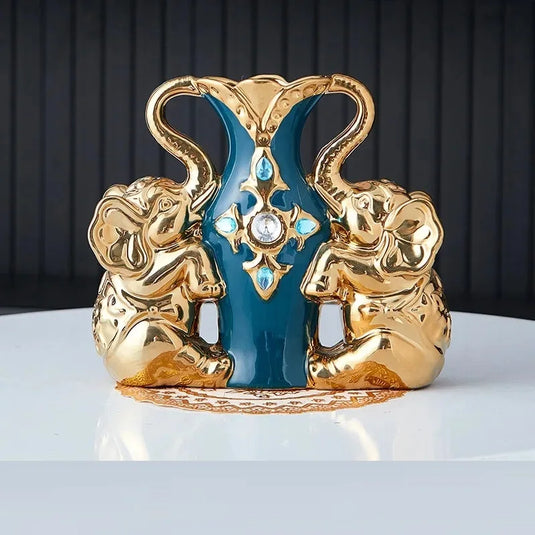European Style Ceramic Gold Vase - Creative Elephant Swan Adorned Duck Blue Tabletop Vase for Home and Dining Table Decoration