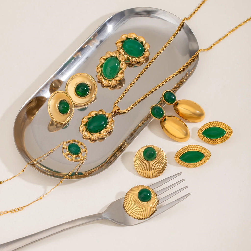 18k forgyldt rustfrit stål indlagt natursten Grøn agat øreringe Halskæde Armbånd Series Femme vandtætte smykker