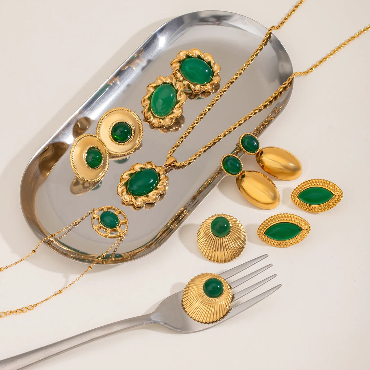 18k forgyldt rustfrit stål indlagt natursten Grøn agat øreringe Halskæde Armbånd Series Femme vandtætte smykker