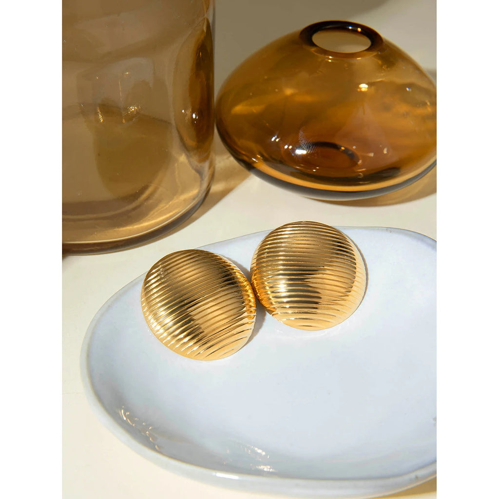 18K Gold Plated Metalic Geometric Stainless Steel Horizontal Stripes Round Type Button Earrings Women Trendy Jewelry Gala Gift