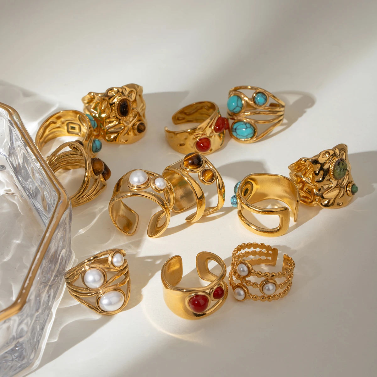 Креативное кольцо из нержавеющей стали с геометрическим круглым гладким отверстием, инкрустация агатом, позолоченное 18К, женское, антиаллергенное, модное украшение