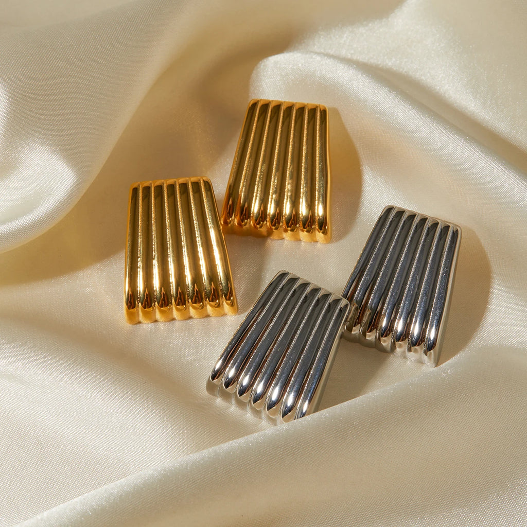 18k Gold Plated Stainless Steel Minimalist Fashion Striped Trapezoidal Earrings Rust Proof Prevent Allergy Trendy Charm Jewelry - Grand Goldman