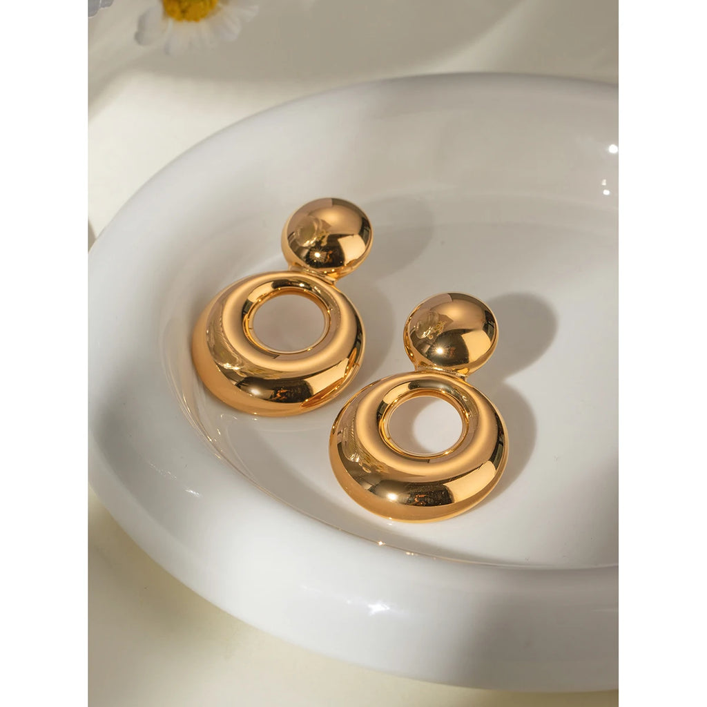 Boucles d'oreilles doubles creuses en acier inoxydable plaqué or 18 carats rétro, texture métallique, pour femmes, charme de tempérament, bijoux dorés élégants