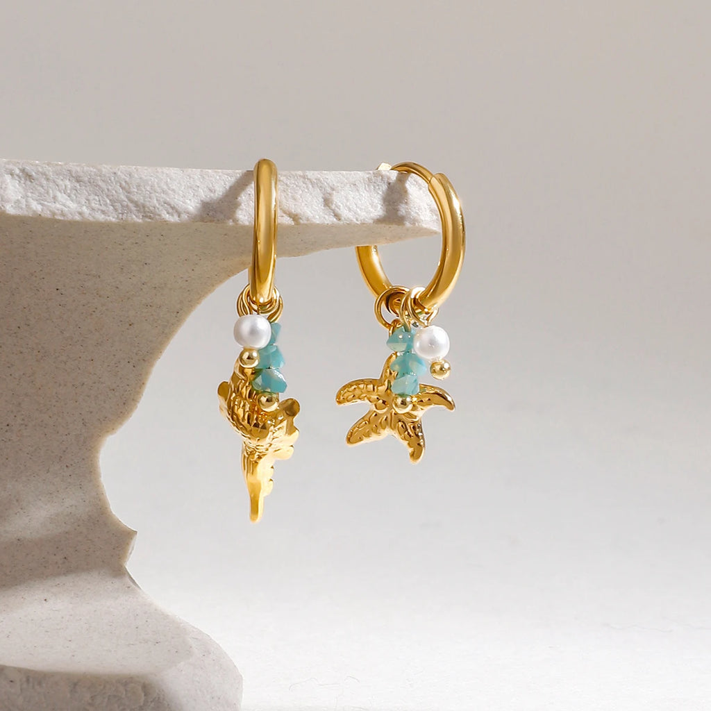 Zora Ocean Style Charm Drop Earrings Gold Plated Stainless Steel Conch Starfish Imitation Pearl Crystal Waterproof Jewelry