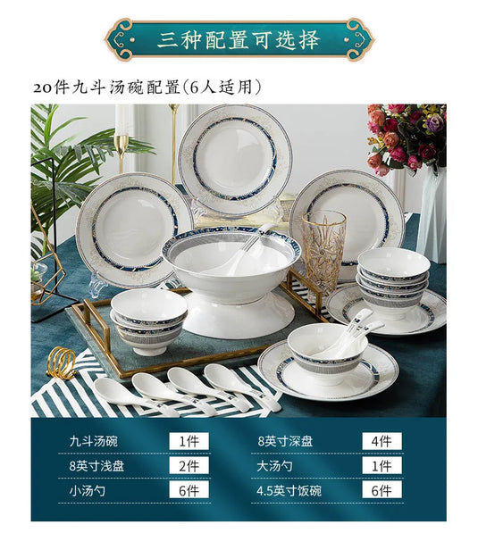 Coffret cadeau de vaisselle en céramique peinte à la main de luxe bleu glacier Jingdezhen Ensemble de bols et de baguettes en porcelaine de Chine chic