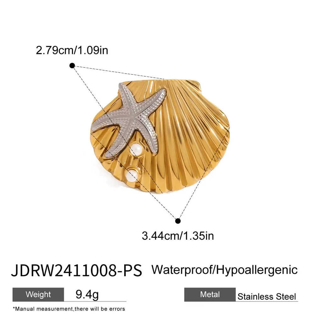 18k vergoldeter Edelstahl-Hammerkorngriff Seestern mit Imitationsperlen-Muschelring Damen Allergieprävention Charmschmuck