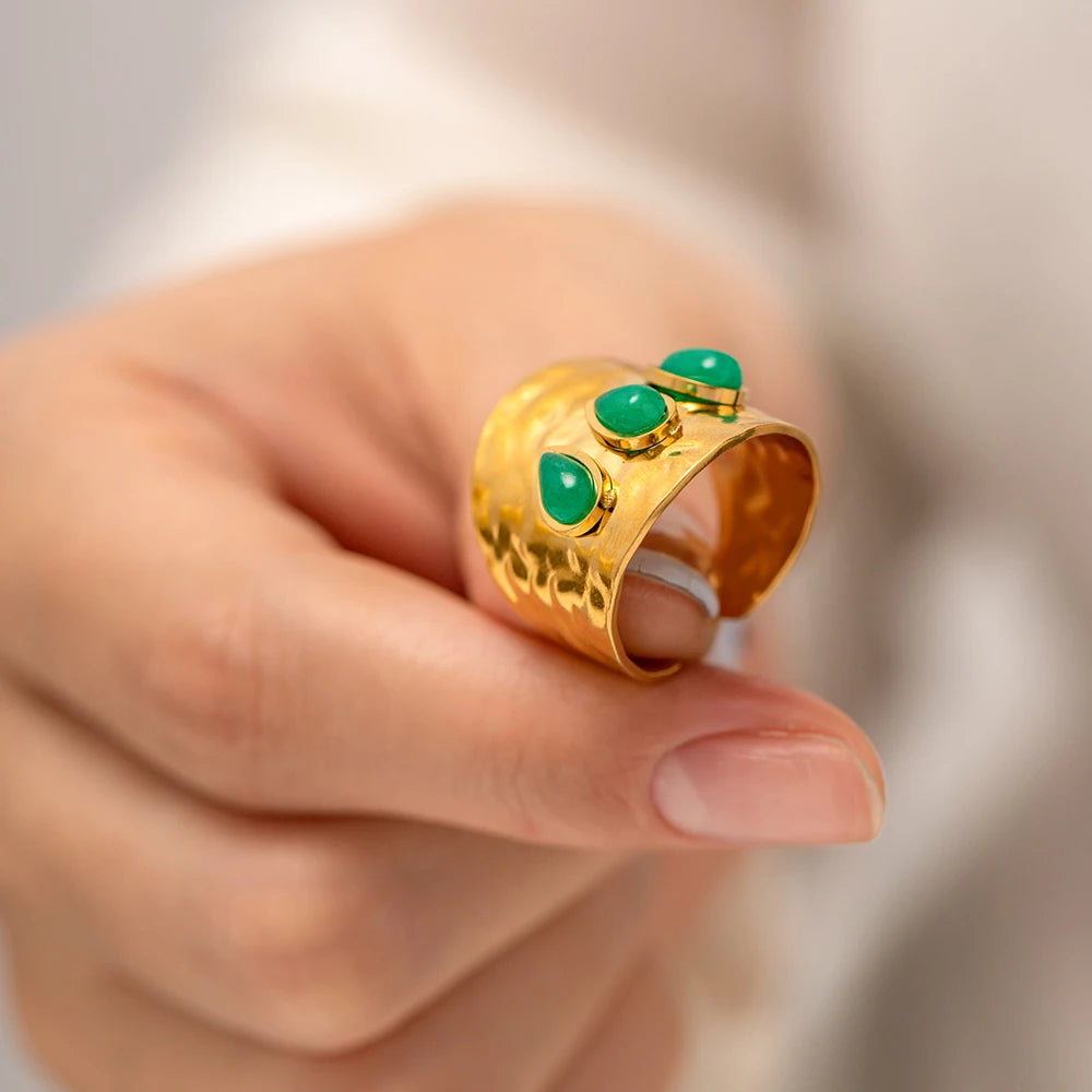 Overdrevet natursten ring til kvinder vintage uregelmæssigt design grøn sten ring rustfrit stål ring smykker gave anillos