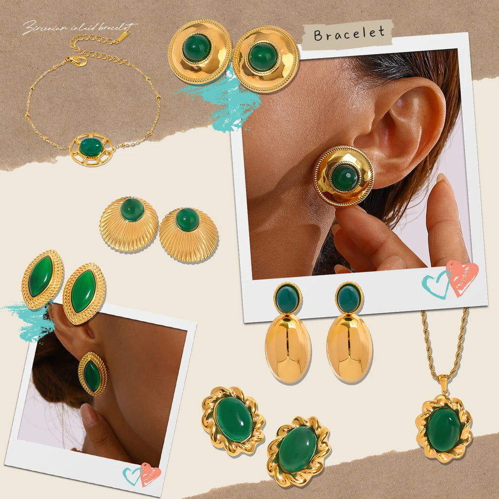 18k forgyldt rustfrit stål indlagt natursten Grøn agat øreringe Halskæde Armbånd Series Femme vandtætte smykker