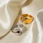 18k vergoldeter Damenring aus Edelstahl, wellenförmig, offen, mit Einlage aus Strasssteinen, Statement-Textur, klobige Ohrringe, Partygeschenk