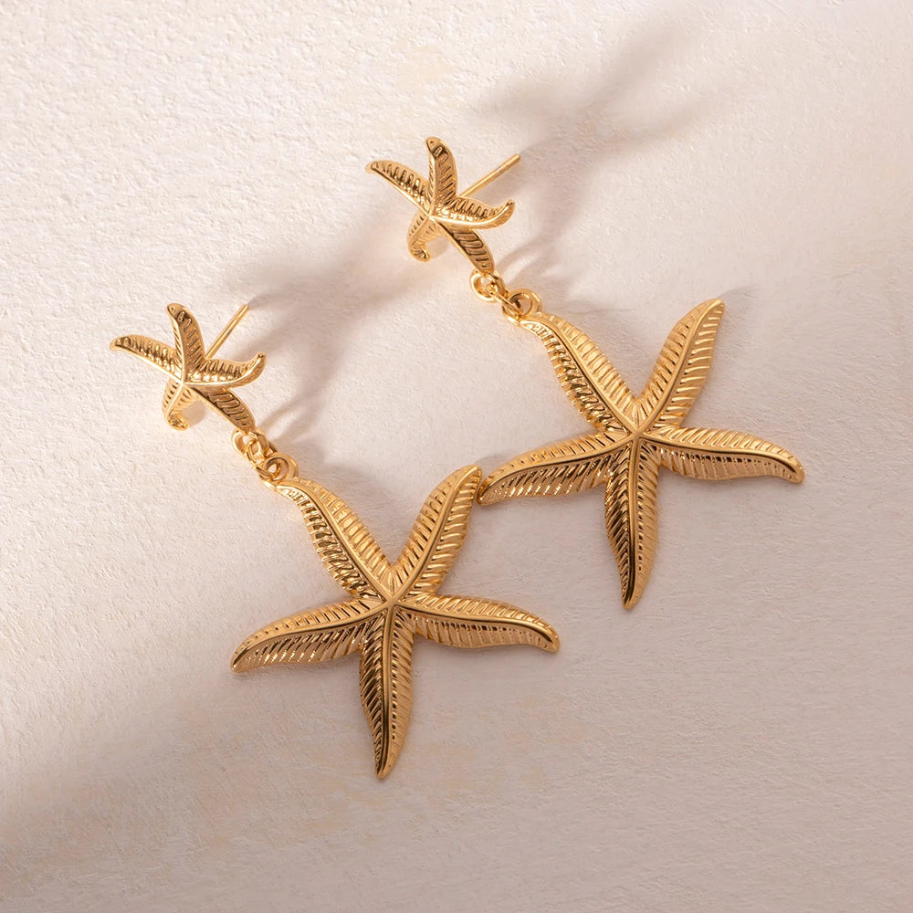 Tarnishproof Stainless Steel Chunky Luxury Starfish Pendants Earrings for Women 18K Gold Plated Thick Ear Minority Jewelry - Grand Goldman