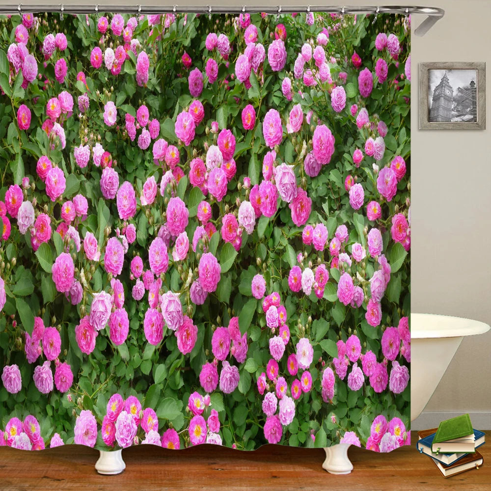 پرده دوش ضدآب حمام چاپ منظره گل فضای باز پلی‌استر 3D نمای خیابان باغ دکوراسیون منزل