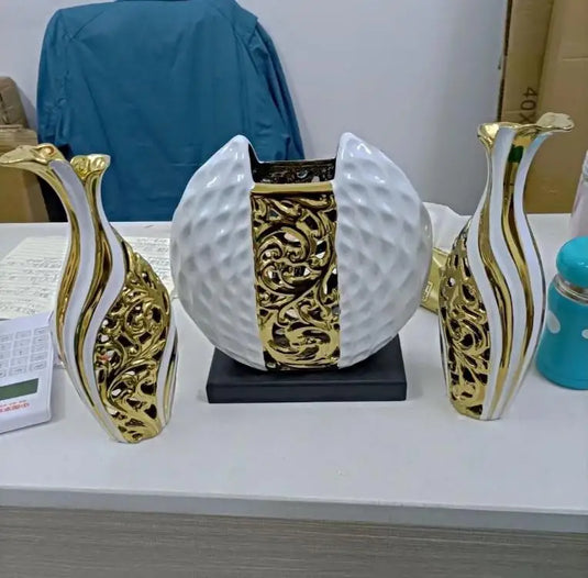 Elegant Gold Plated Porcelain Vase Set Vintage Ceramic Flower Pot Home Decor Wedding Centerpieces Study & Hallway Accent Pieces Abstract White Vessels with Silver and Gold Arabesque Patterns Tabletop Display Large European Style Ceramic Travel Gift
