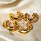 Geometriske vandtætte 18k forgyldte C-formede øreringe i rustfrit stål Indlæg Rhinestone Charm Statement Anti-allergiske smykker