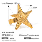 Summer Beach 18k Gold Plated Stainless Steel Vintage Threaded Starfish Necklace Earrings Open Ring Set Women Charm Jewelry Gift