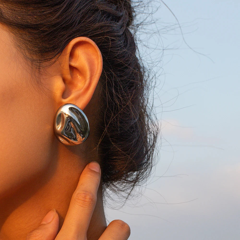 18K Gold Plated Stainless Steel Minimalist Lava Texture Concave Design Earrings Tarnish-proof Light Luxury Women Ear Jewelry - Grand Goldman