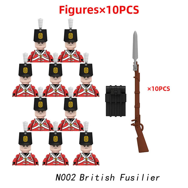 10pcs Napoleonic Wars Military Soldiers Building Blocks WW2 Mini Figures French British Fusilier Rifles Weapons Toys For Kids