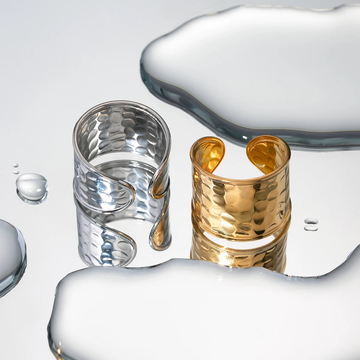 18K vergoldeter Edelstahl geometrischer breiter Ring mit Hammerschlagstruktur, offen, Unisex, für Männer und Frauen, wasserdichter Schmuck, Geschenk, Bijoux