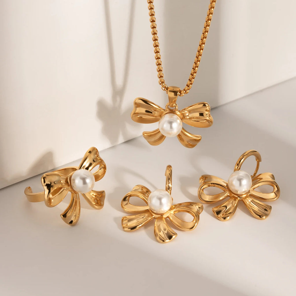 Sløjfeformet 18K PVD belagt statement Metal rustfrit stål indlæg perle vedhæng halskæde/øreringe/ring kvinder smykker Bijoux