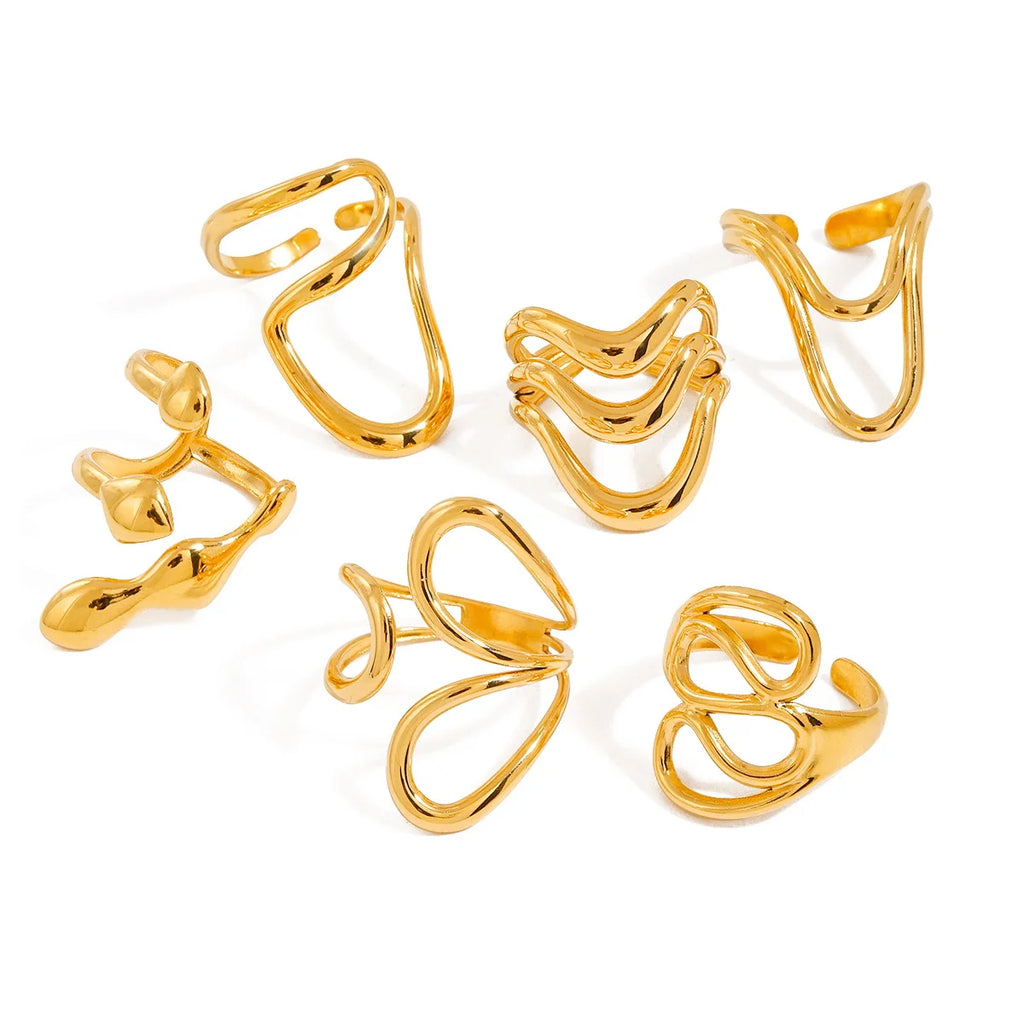 18K Goud Vergulde Bedel Onregelmatige Vloeibare Niche Uniek Lijnontwerp Open Ring Dames Hoge Kwaliteit Roestvrijstalen Sieraden Geschenk
