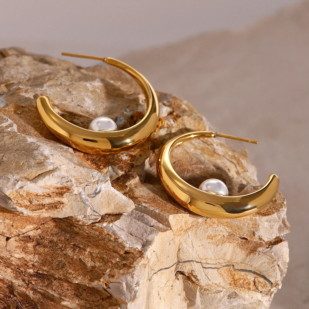 18K PVD kreativ charme rustfrit stål C-formede perler blanke øreringe Smykker Damemode Attraktivt rustfrit tilbehør