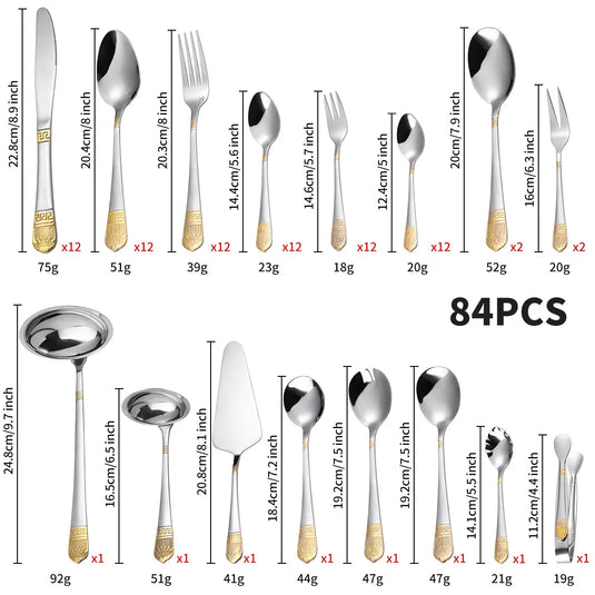 Servicesæt med 72 dele, forgyldt rustfri stålkniv, gaffel, ske, gaveæske, trææske