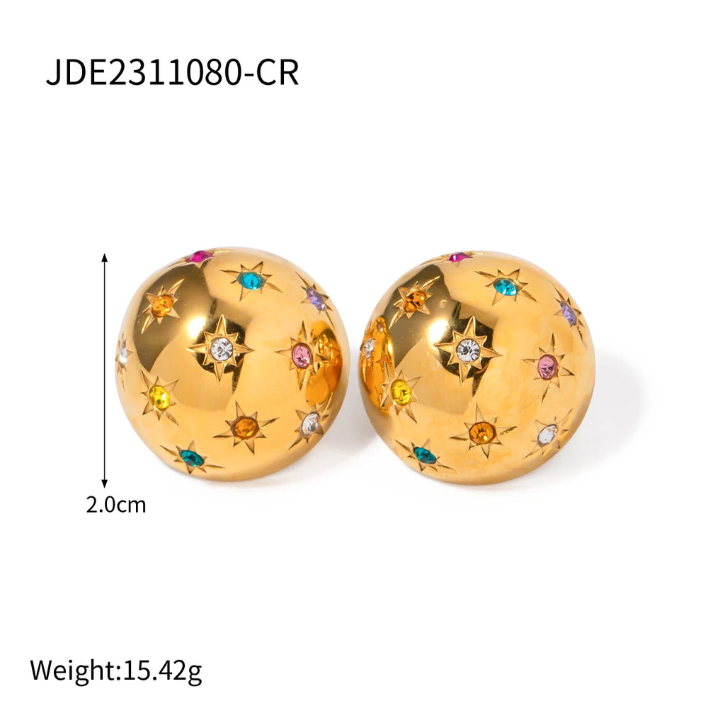18k Gold Plated Delicate Stainless Steel Star Hemisphere Earrings Inlay Rhinestone Light Cozy Rust Proof Bijoux Femme Gala Gift - Grand Goldman